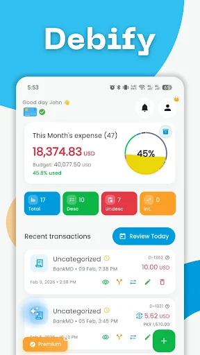 Debify home showing $18,374.83 monthly expense with 45% budget usage and recent transaction details