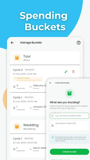 Spending buckets management screen for creating and organizing custom expense tracking cycles and budgets