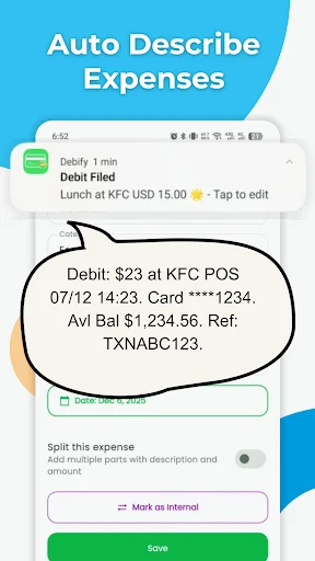 AI expense auto-describe feature parsing receipt details with split expense and save options