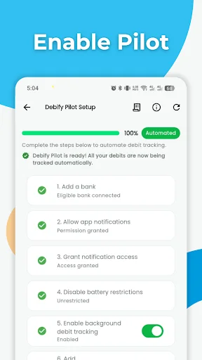 Debify Pilot Setup showing 100% automated debit tracking with bank connection and permissions configuration