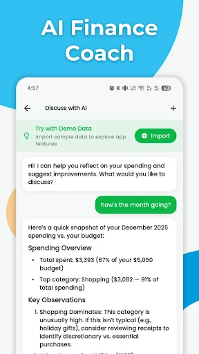 AI Finance Coach chat providing personalized spending analysis, budget insights and improvement suggestions