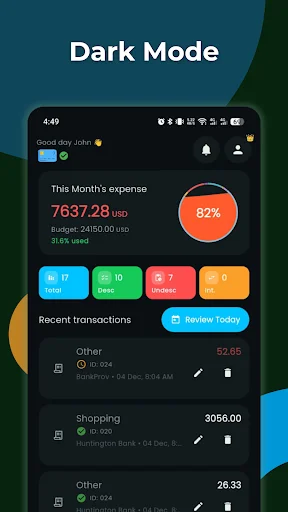 Debify dark mode interface showing $7637.28 monthly expense with 82% budget progress indicator