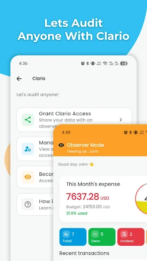 Clario audit integration page enabling financial data sharing and observer mode for expense transparency