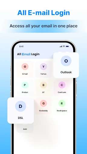 Email provider login selection interface for All Email Login showing Gmail, Yahoo, Outlook, Proton and other email services.