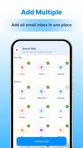 Add multiple email accounts selection screen with checkmarks showing selected providers including Gmail, Yahoo, Outlook, and more.