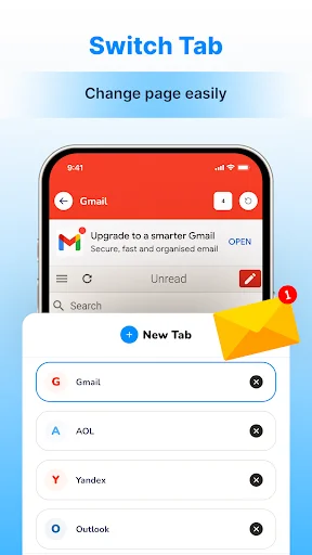 Switch between email account tabs showing Gmail inbox and available tabs for AOL, Yandex, Outlook for account navigation.