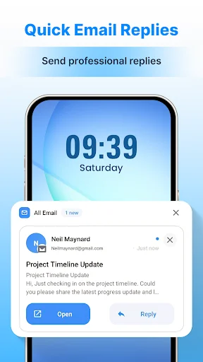 Quick email reply notification showing message from Neil Maynard about project timeline update with Open and Reply buttons.