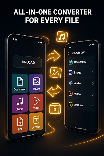 All-in-one converter for PDF, JPG, PNG, documents, images, audio, videos, and archives with upload button