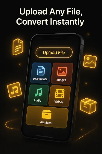Upload and instantly convert files - documents, images, audio, videos, and archives with this file converter app