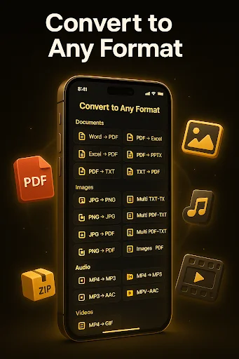 Convert between multiple formats including PDF, JPG, PNG, Word, Excel, MP3, MP4, and more with this file converter