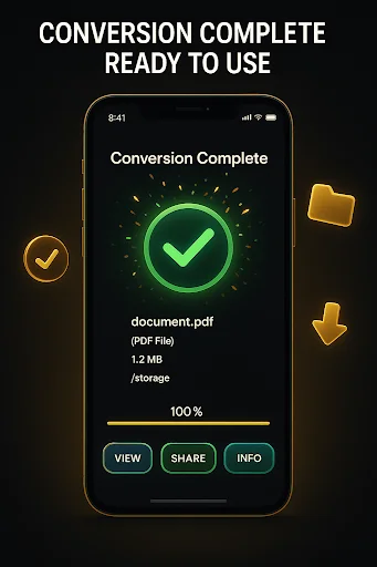 File conversion complete with 100% progress - view, share, or get info on converted PDF documents instantly