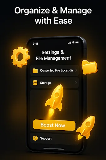 Organize and manage converted files with ease through settings, file location, and storage management features