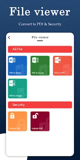 File Viewer menu with PDF conversion tools for Word, Excel, PowerPoint, Images and security features for PDF protection