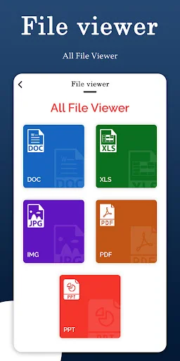 All File Viewer interface showing selectable file type categories: DOC, XLS, JPG, PDF, PPT format tiles for document viewing