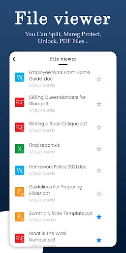 File browser list displaying documents with icons, names, dates, sizes, and favorites for mixed document file access
