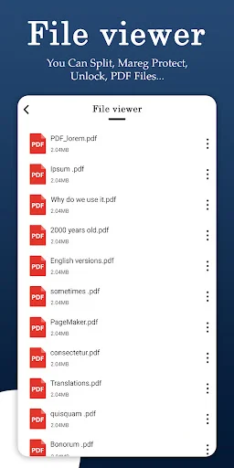 PDF file list viewer showing multiple PDFs with icons, filenames, file sizes, and menu options for PDF management