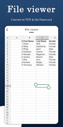 Spreadsheet viewer displaying Excel data table with columns, rows, and slider control for navigating spreadsheet documents