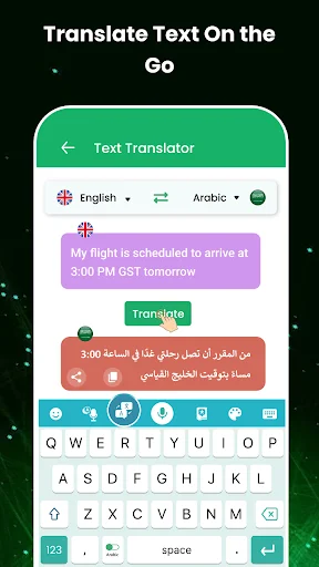 Text translator interface for converting English text to Arabic with keyboard input
