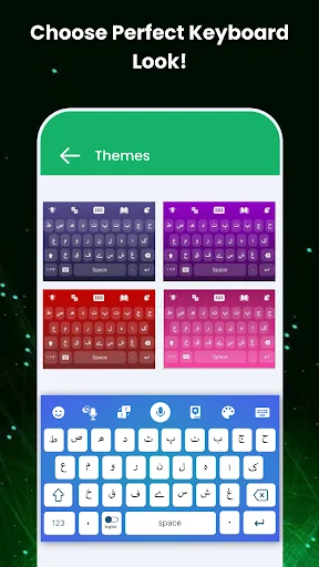 Keyboard theme selector with multiple color and design customization options