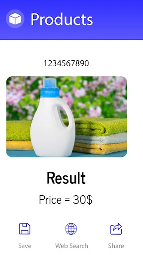 Scanned product details screen showing barcode number, price, and web search functionality