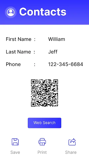 Contact information extracted from scanned QR code with name, phone, and search options