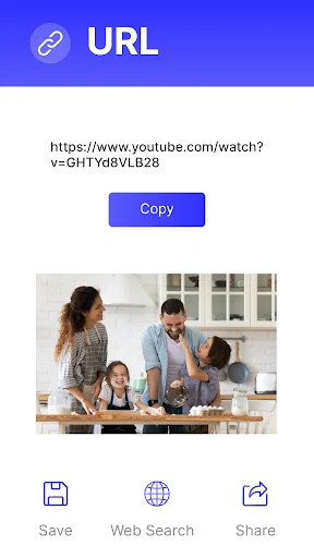Scanned URL content showing YouTube video link with copy, web search, and share buttons