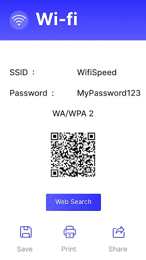 WiFi QR code details screen showing network SSID, password, and WPA security encryption