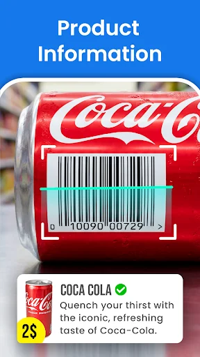 Product Information screen showing scanned Coca-Cola barcode with price and product details