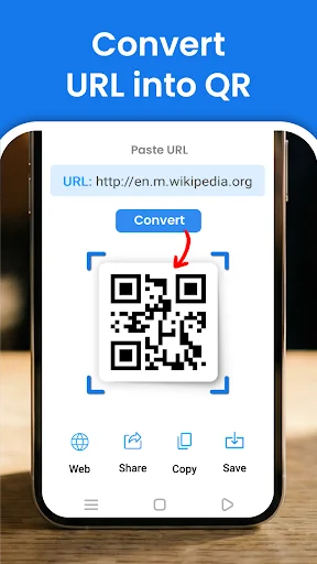 Convert URL into QR code generator interface with URL input field and generated QR result