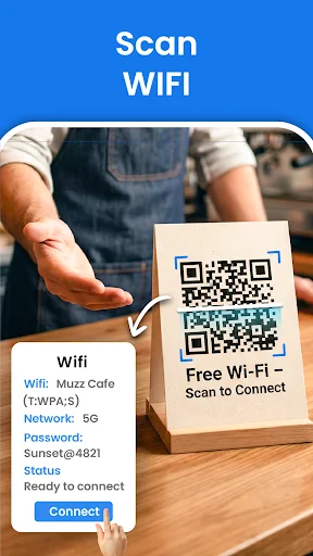 Scan WiFi QR code feature displaying network name, password, and connection status details