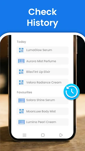 Check History screen listing all previously scanned QR codes, products, and items by date