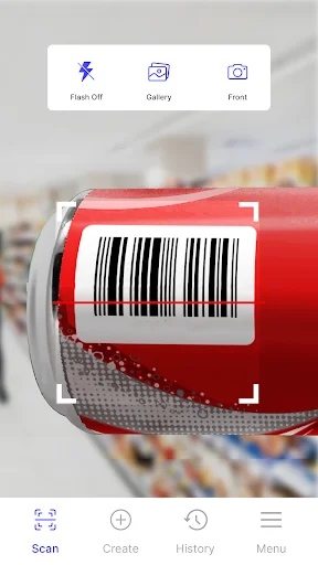 QR and barcode scanner main screen with flashlight toggle, gallery, and camera controls