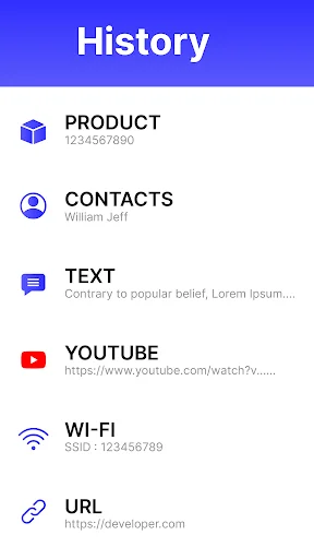 Scan History page displaying categorized scans including products, contacts, text, and URLs