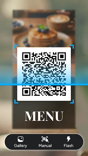 QR Scanner main menu interface displaying QR code in scanning frame with Gallery, Manual, and Flash button options
