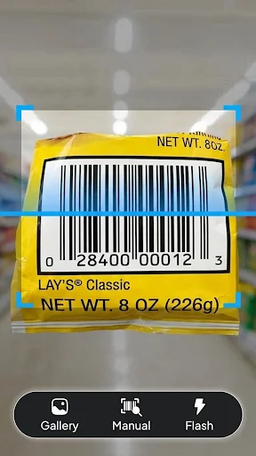 Barcode scanner interface capturing LAY'S chip package barcode with Gallery, Manual, and Flash button options