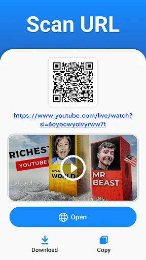 Scan URL result page showing YouTube video QR code with clickable link, preview image, and Open, Download, Copy buttons