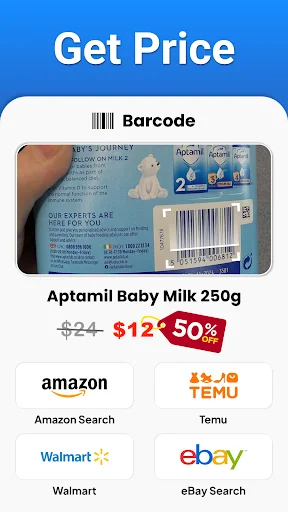 Get Price result displaying Aptamil baby milk barcode with 50% discount price comparison across Amazon, Temu, Walmart, eBay