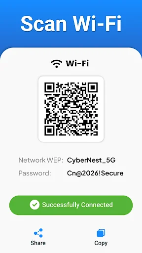 Scan Wi-Fi result showing network QR code with CyberNest_5G password details and Successfully Connected status button