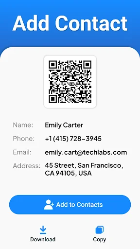 Add Contact screen displaying QR code with Emily Carter's contact details and Add to Contacts button option