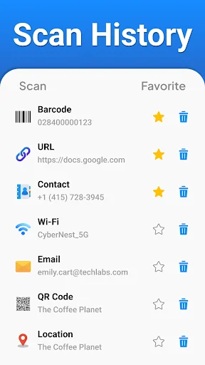 Scan History tab listing all previous scans including barcode, URL, contact, Wi-Fi, email, QR code, and location entries