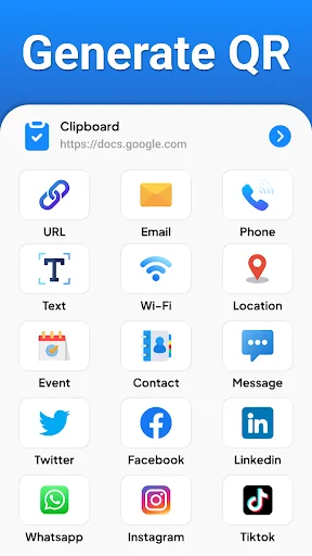 Generate QR code menu with options to create custom QR codes for URL, Email, Phone, Text, Wi-Fi, Location, Event, Contact, Message, and social media