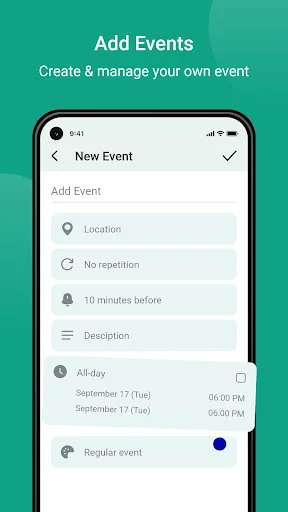 Event creation form with location field, reminder settings, description, and recurring event toggle