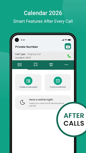Smart after calls feature enabling quick event and task creation from call details