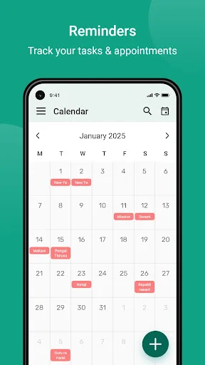 Calendar reminders tracker for January 2025 with red badges marking tasks and appointments