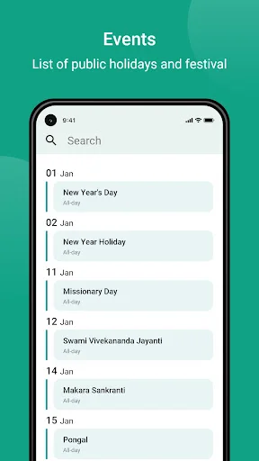 Public holidays and festivals event list with dates including New Year's Day and cultural celebrations