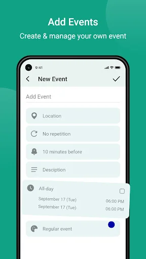 Event creation form with location field, reminder settings, description, and recurring event toggle