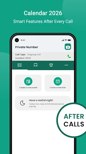 Smart after calls feature enabling quick event and task creation from call details