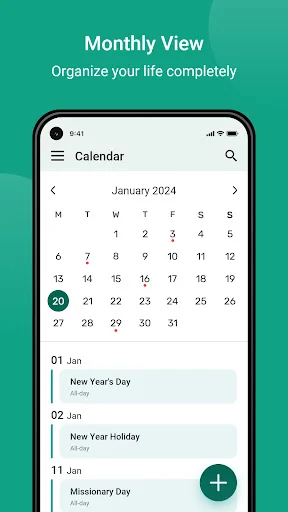 Monthly calendar view for January 2024 with event list showing holidays and daily appointments