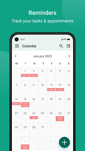 Calendar reminders tracker for January 2025 with red badges marking tasks and appointments