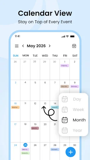 May 2026 monthly calendar with events marked, toolbar showing Day, Week, Month, Year view options and blue add event button